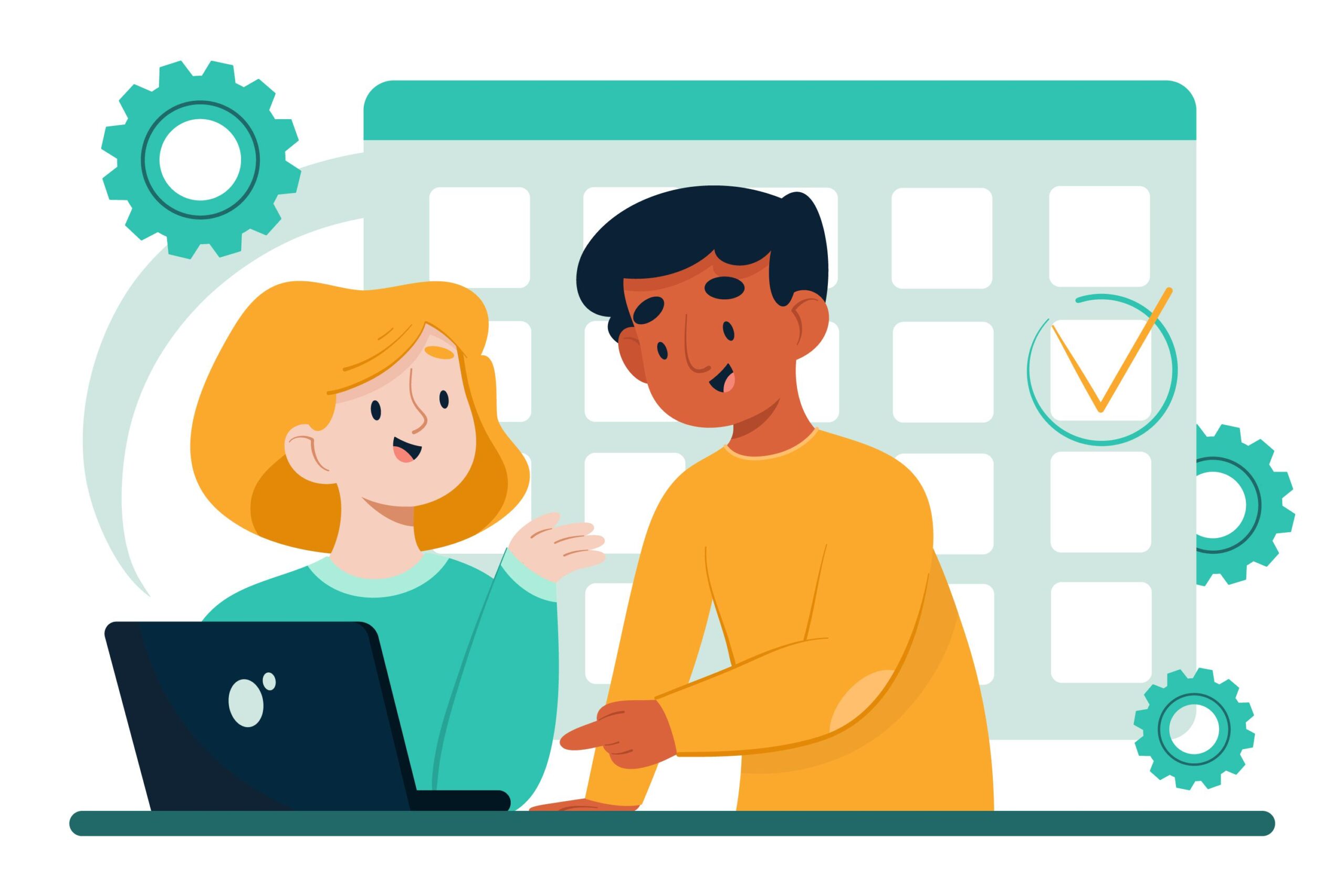 boy and girl talking about digital marketing over laptop