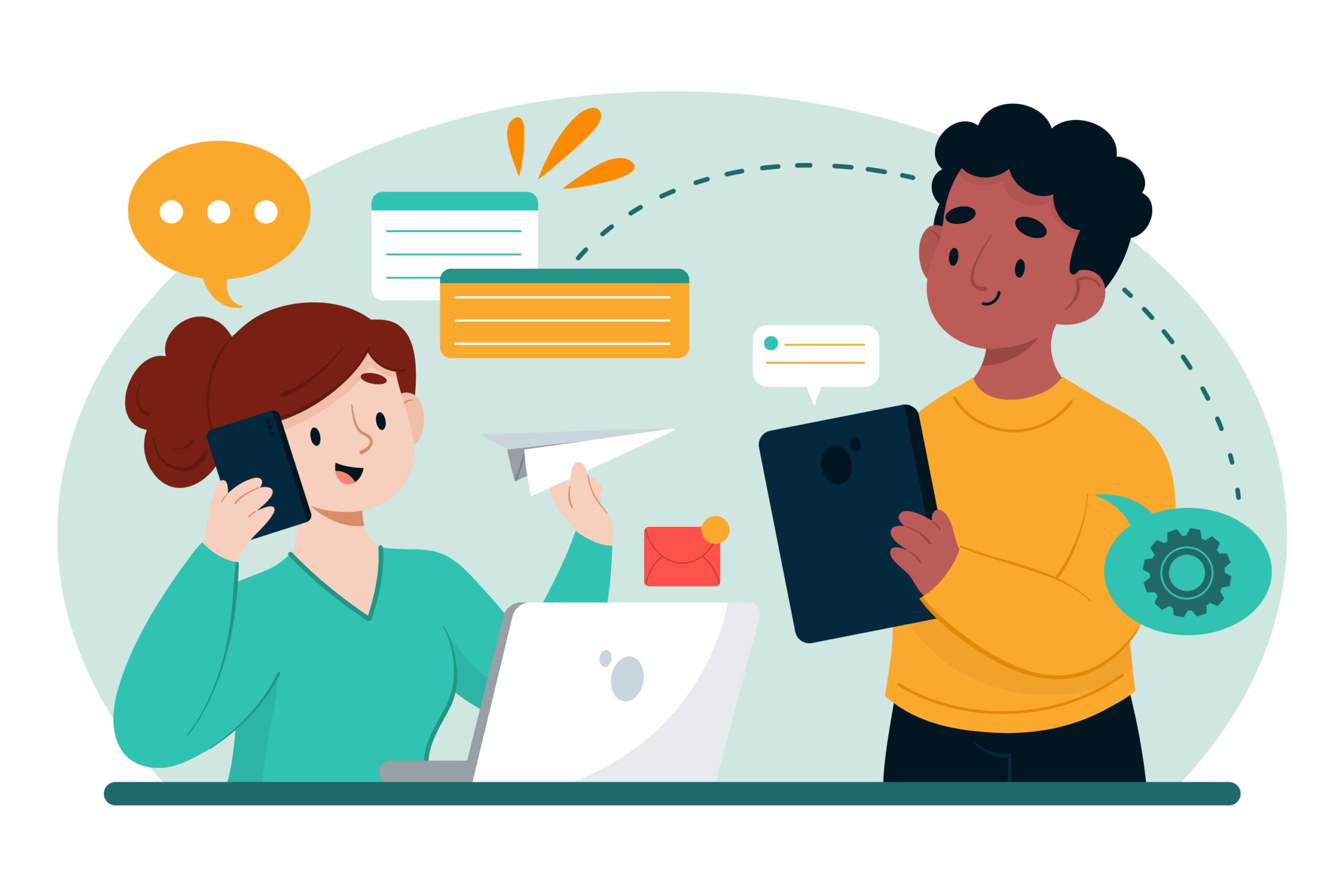 female talk on phone and male is taking notes