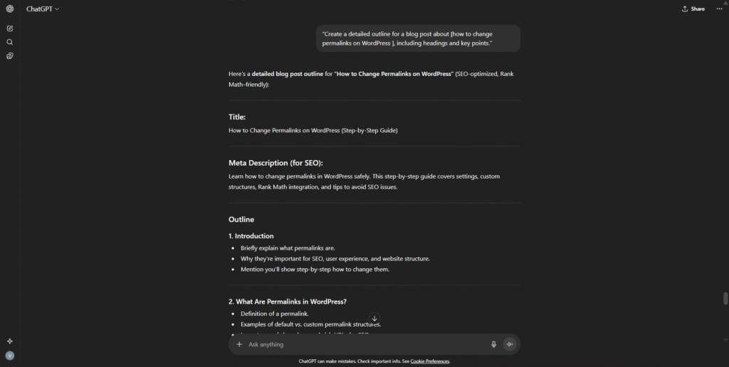 “Create a detailed outline for a blog post about [topic], including headings and key points.” 